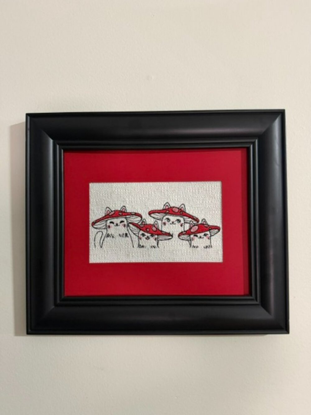 Homemade Black & Red Mushroom Cat Framed Embroidery Art